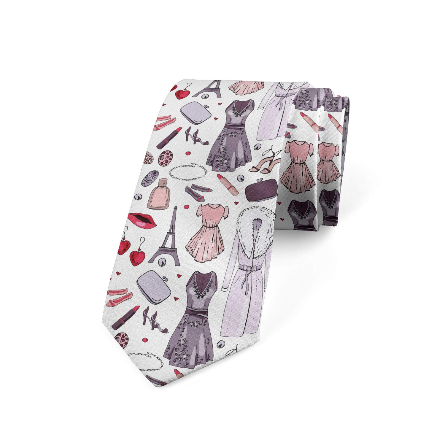 Ambesonne Modern Necktie for Women - Feminine Fashion Accessory with Dress, Earrings & Heels Design - 3.7 Inch Pastel Purple & Pink Necktie - Perfect for Office, Parties & Special Occasions