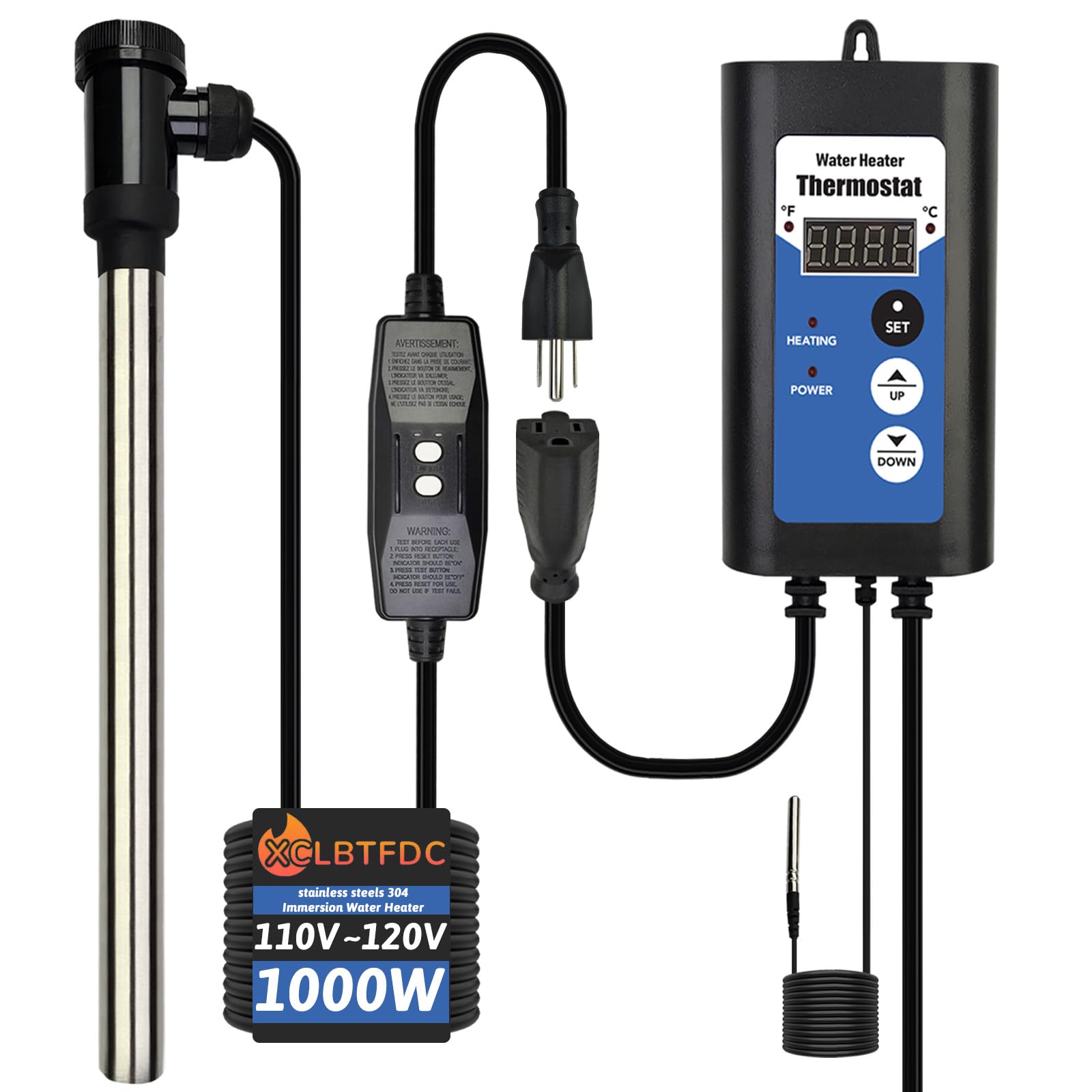 1000W Portable Immersion Water Heater - Submersible Electric Heater with Thermostat & GFCI Protection for Hot Tubs, Bathtubs, Buckets, Pools - Fast Heating for Spa, Livestock Water Troughs, and Home Use
