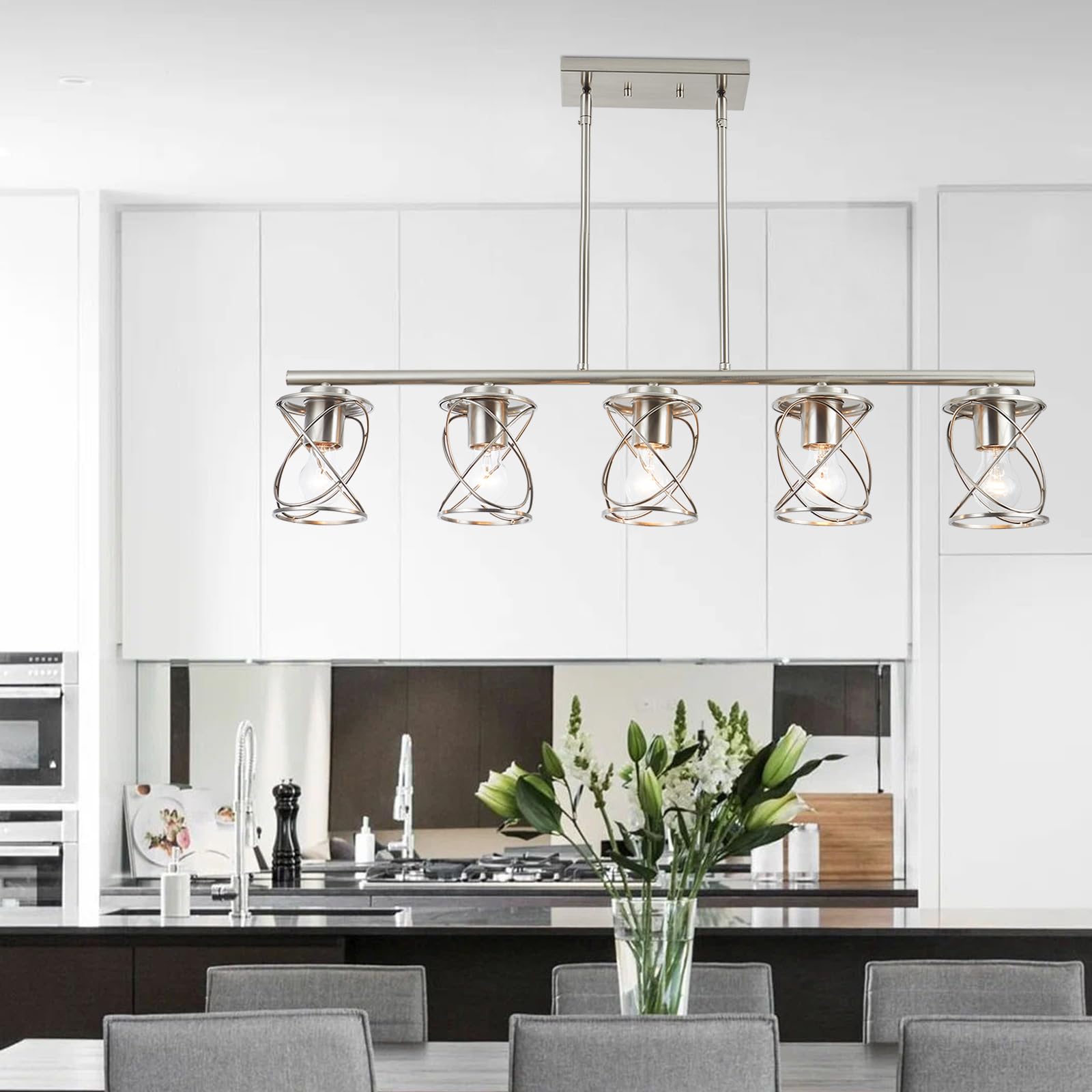 5-Light Farmhouse Linear Pendant Light - Adjustable Brushed Nickel Kitchen Island Lighting Fixture for Dining Room, Living Room & Breakfast Nook | Perfect for Modern Farmhouse Decor & Open Concept Spaces