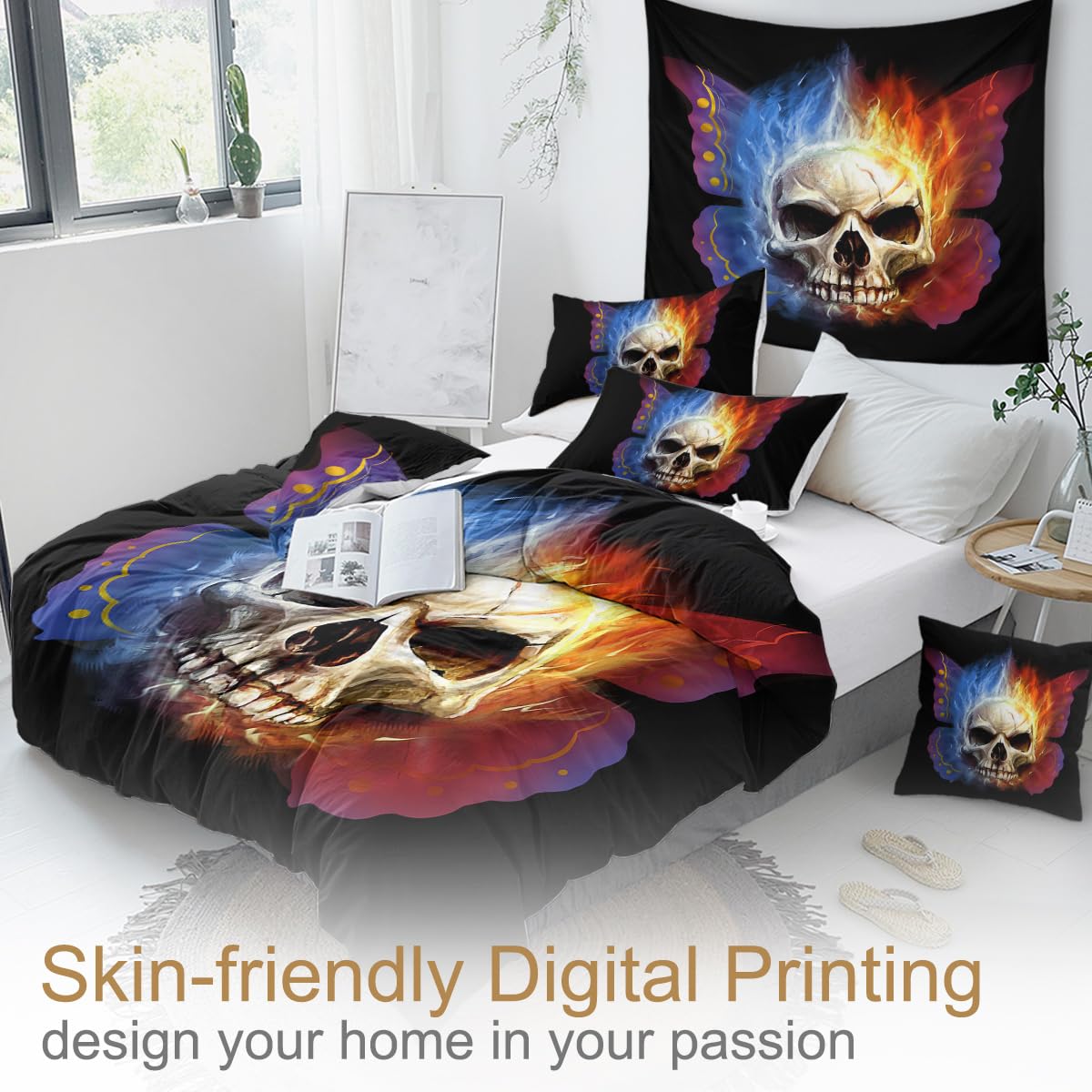 Sleepwish Skull Print Full Size Bedding Set for Boys - Fire Themed Duvet Cover with 2 Matching Pillowcases (Blue & Orange) - Perfect for Teen Bedrooms, Dorm Rooms & Gothic Decor