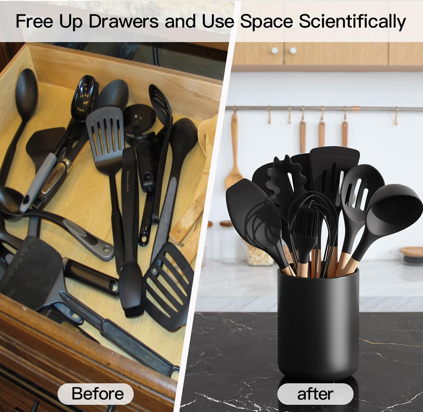 Black Matte Ceramic Utensil Holder for Kitchen Counter - 4.4x6.3 Inch Modern Cooking Tool Organizer | Spatula & Spoon Storage | Easy Clean Countertop Crock - Perfect for Stovetop, Baking & Meal Prep