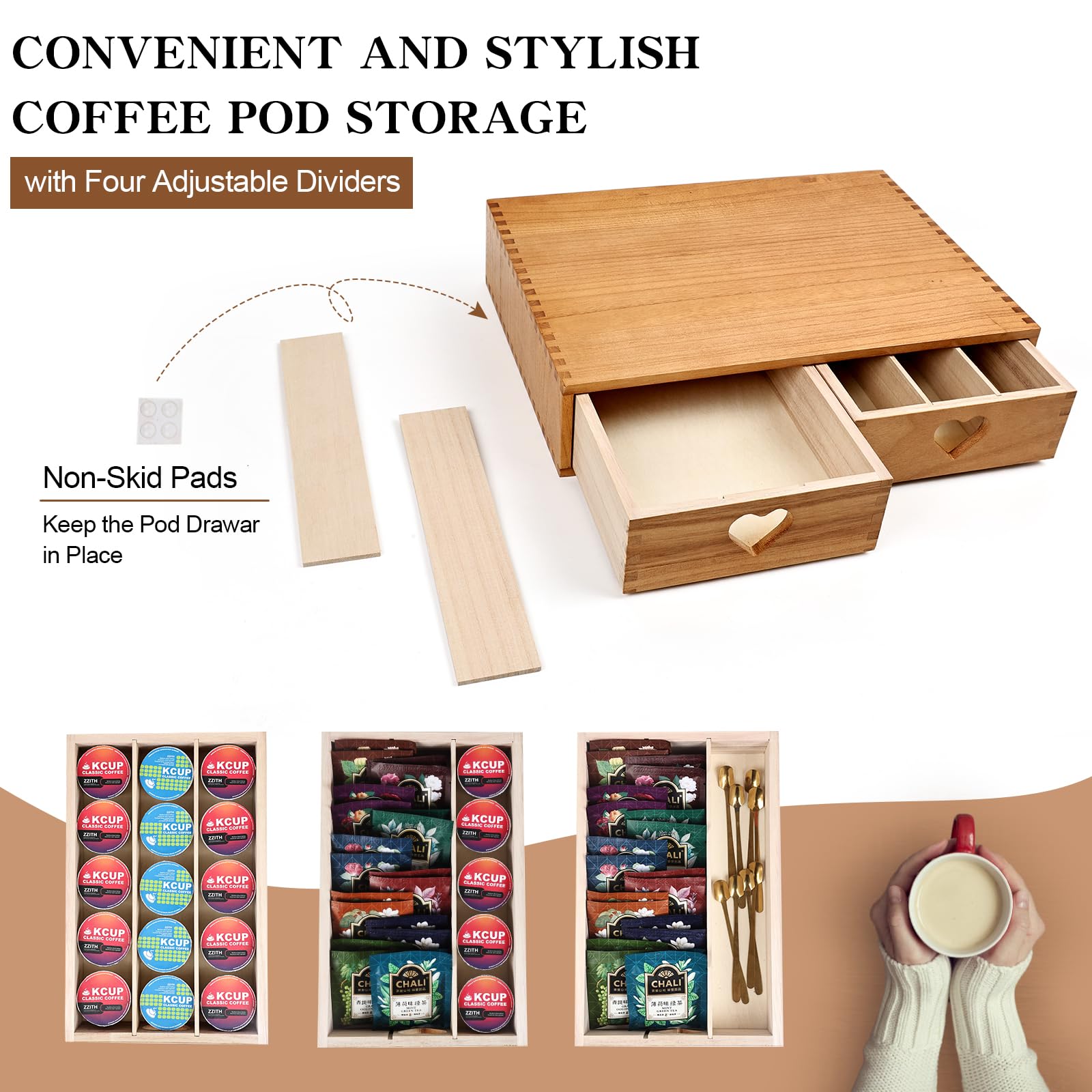 Wooden K Cup Holder & Drawer Organizer - 30 Pod Capacity, Tea Bag Storage for Kitchen, Office & Coffee Bar - Perfect for Keurig Pods & Tea Bags Organization