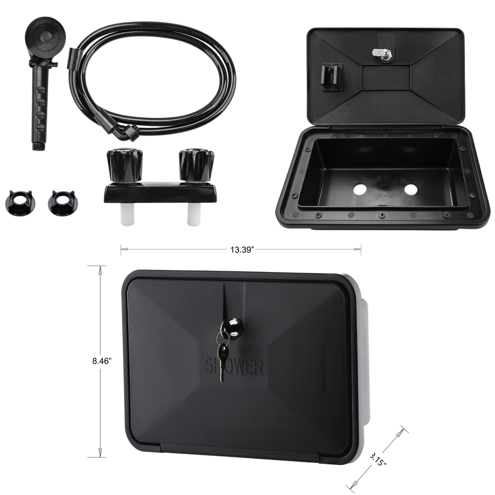 RV Exterior Shower Box Kit with Faucet, Head & Hose - Portable Outdoor Shower for Camper, Trailer, Motorhome & Boat - Perfect for Camping, RV Trips & Marine Use (Black)