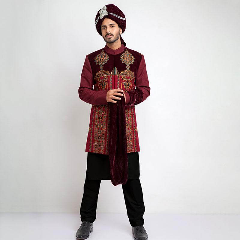 Burgundy and Maroon Velvet Short Sherwani for Men | Indian Wedding Outfit | Traditional Kurta for Festivals & Special Occasions | Perfect for Groom Wear, Diwali & Mehndi Ceremonies