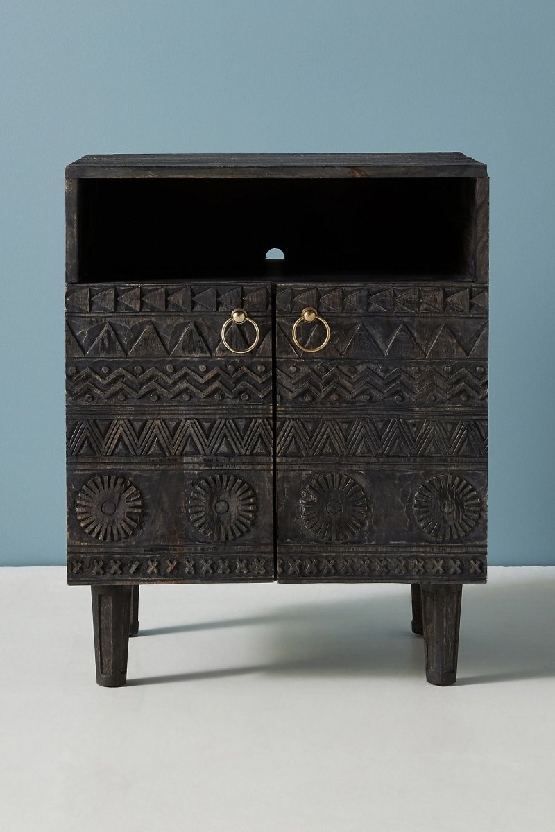 Hand Carved Antique Nightstand - Solid Wood Bedside Table | Handmade Wooden Lamp Stand from Delhi | Perfect for Bedroom Decor & Boho Home Style