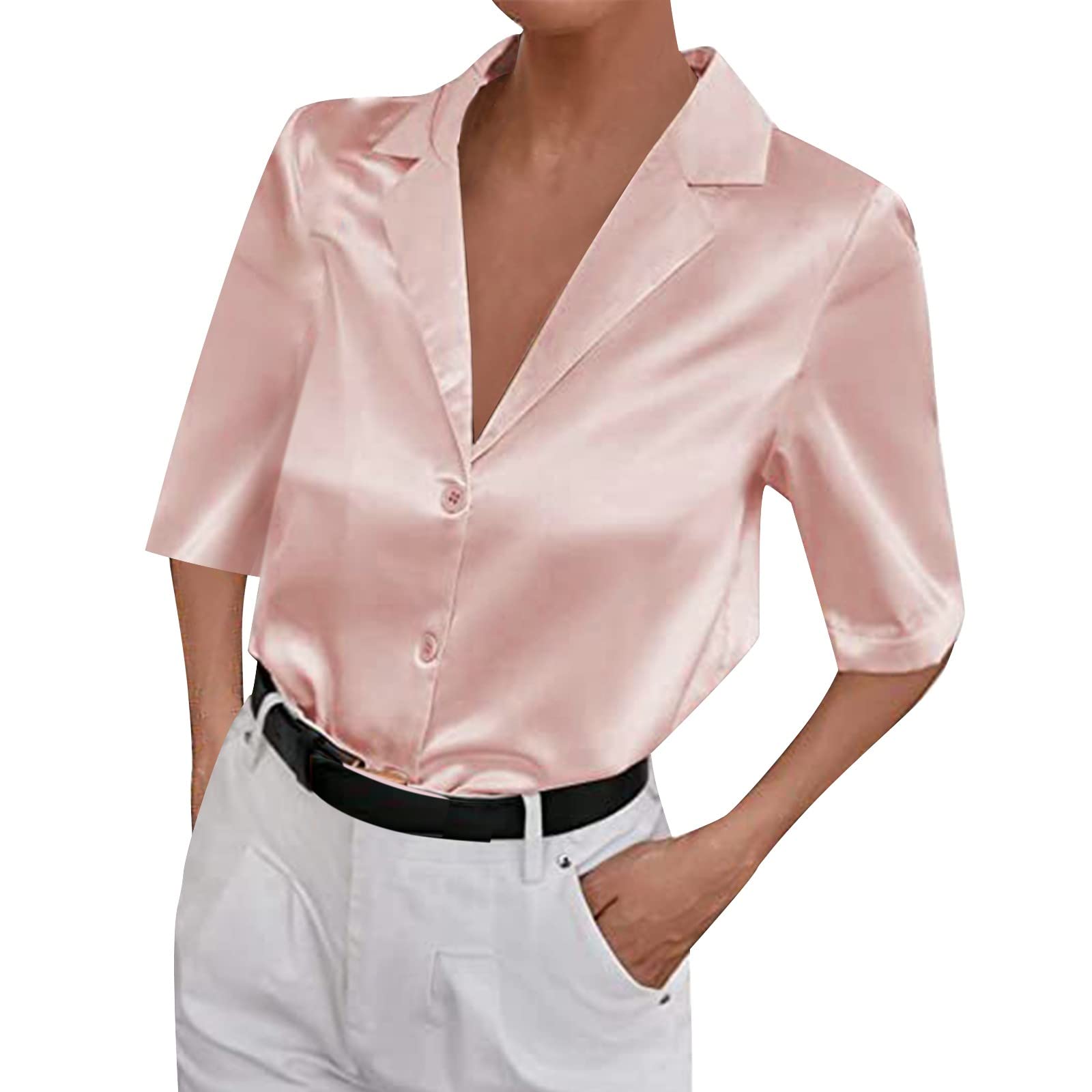 Stylish Short Sleeve Satin Blouse for Women - Casual Single Breasted Lapel Shirt for Tall Ladies | Perfect for Office Wear, Date Nights & Summer Outfits