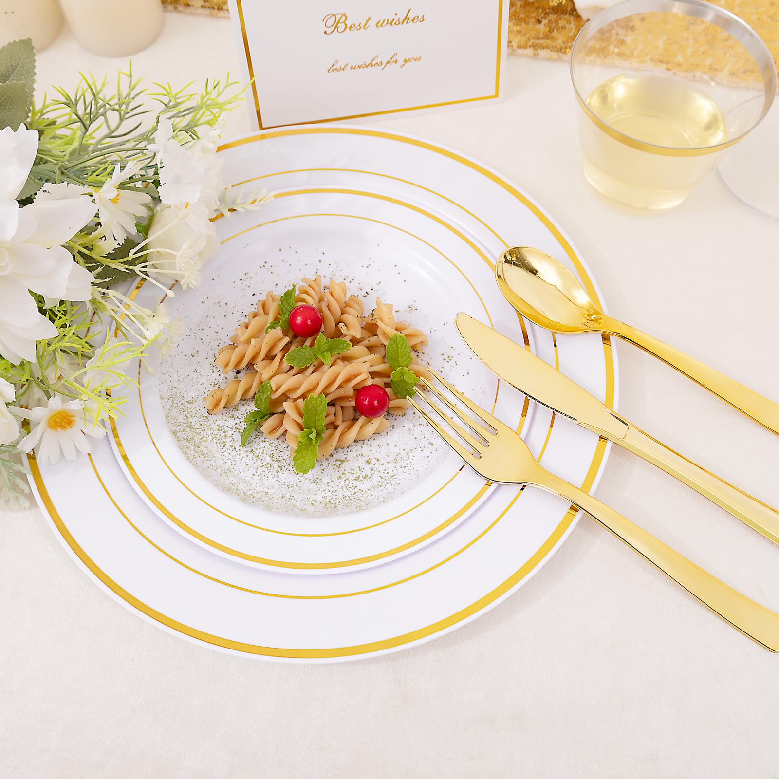 DaYammi 350-Piece Gold Plastic Dinnerware Set for 50 Guests - Elegant Disposable Plates, Cups, Silverware & Napkins for Parties, Weddings, Events - Includes 50 Dinner Plates, 50 Dessert Plates, 50 Cups & 50 Pre-Rolled Napkins with Gold Cutlery - Perfect for Birthday Celebrations, Bridal Showers & Holiday Gatherings