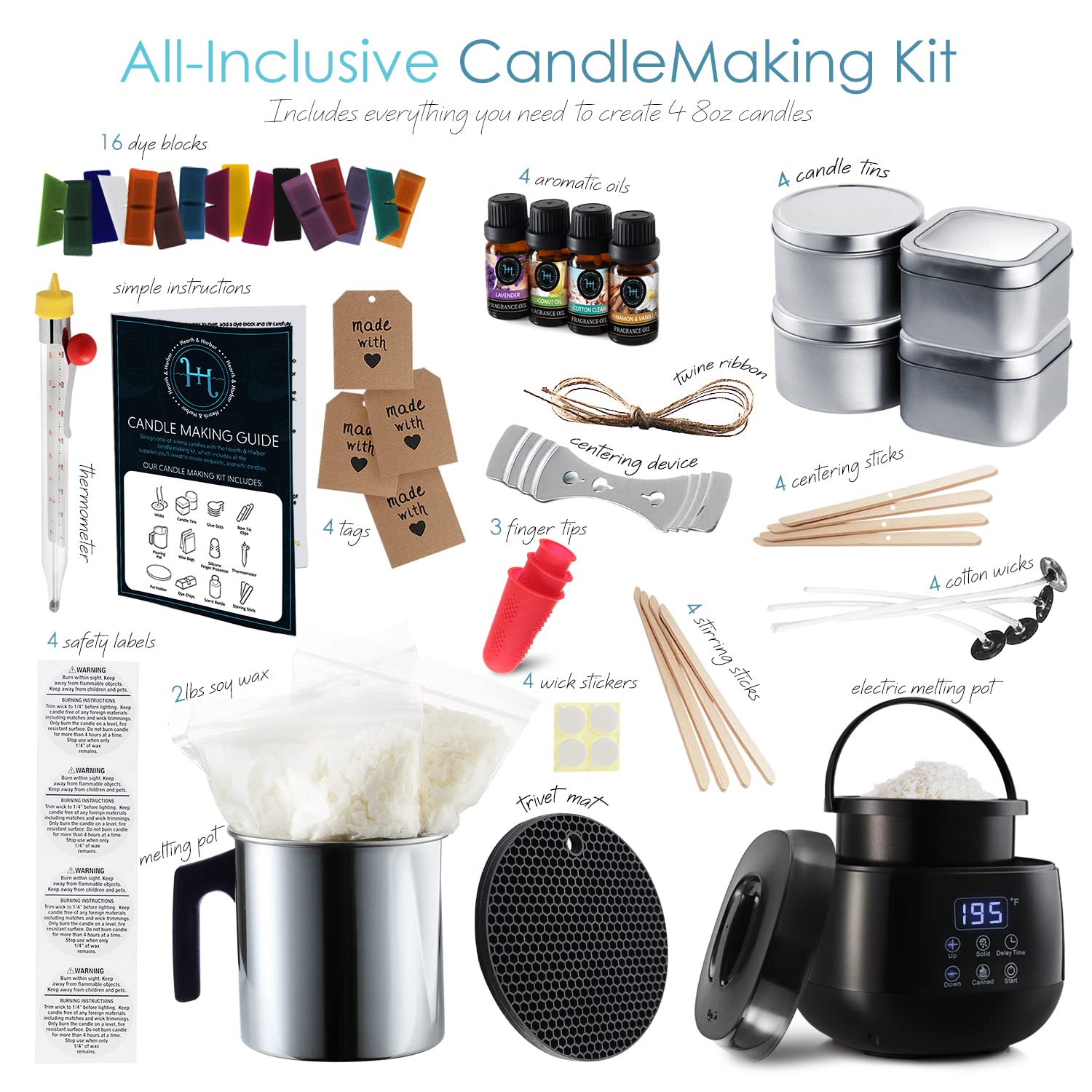Hearth & Harbor Soy Candle Making Kit for Adults & Kids - DIY Candle Making Supplies with Melter & Electric Pot - 2 Lbs Soy Wax, Wicks, Fragrance Oils - Perfect for Home Decor, Gifts & Relaxation