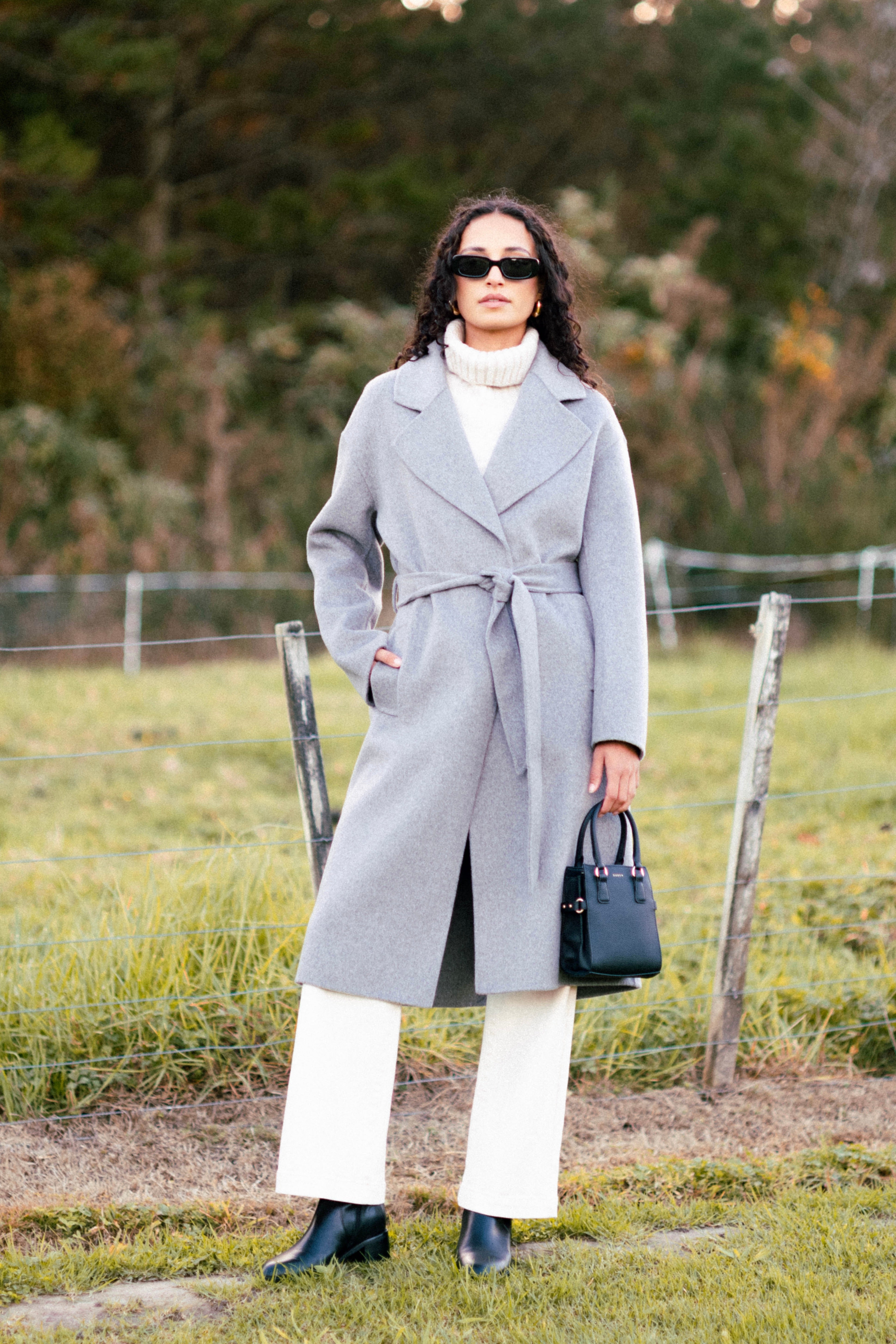 Geneva Charcoal Belted Trench Coat for Women - Stylish Long Wool Blend Overcoat with Belt - Perfect for Fall, Winter & Office Wear