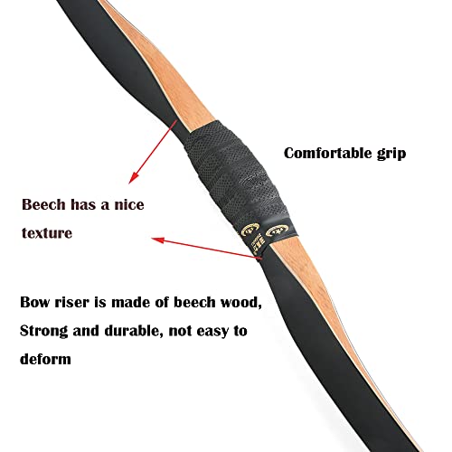 57 Inch Traditional Longbow for Archery - 15-55 Lbs One Piece Recurve Bow | Handmade Wooden Horsebow for Hunting & Target Practice | Left & Right Hand Compatible | Outdoor Sports, Camping & Medieval Reenactment