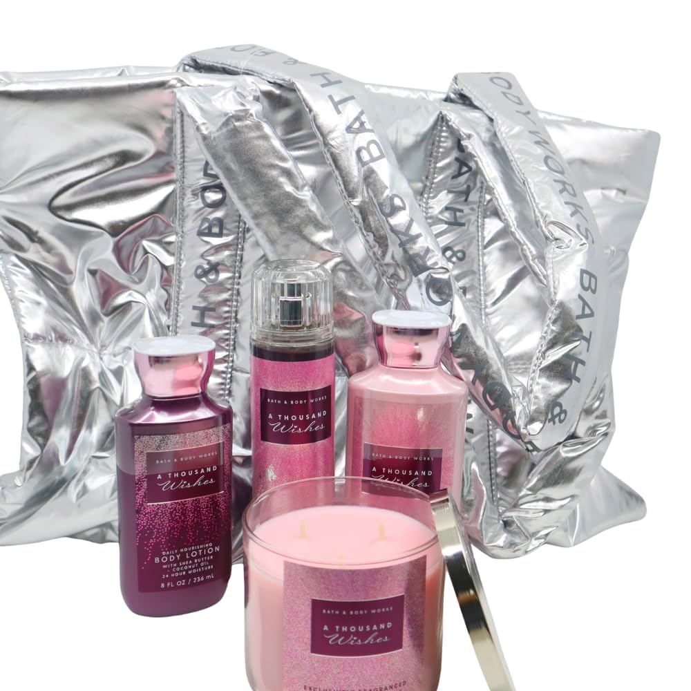 Bath & Body Works A THOUSAND WISHES 4-Piece Gift Set - Body Lotion, Shower Gel, Fragrance Mist & 3-Wick Candle with Silver Bag | Luxury Bath & Body Care Set for Women, Perfect Gift for Birthday, Anniversary & Holidays