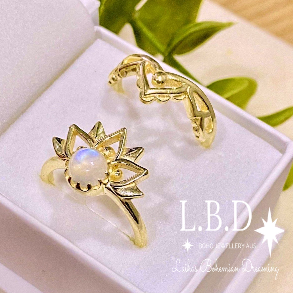 14K Gold Moonstone Ring Set - Boho Floral Stackable Rings for Women - Perfect for Weddings, Parties & Everyday Wear