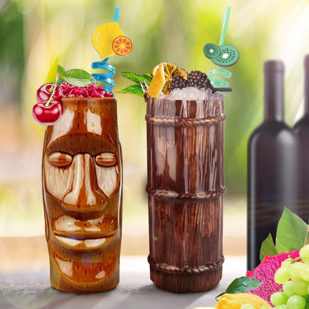 Tiki Mugs Cocktail Set of 4 - Large Ceramic Hawaiian Party Mugs for Tropical Drinks, Exotic Cocktail Glasses for Tiki Bar & Home Decor, Professional Barware for Luau Parties & Summer Entertaining (TKSET0001)