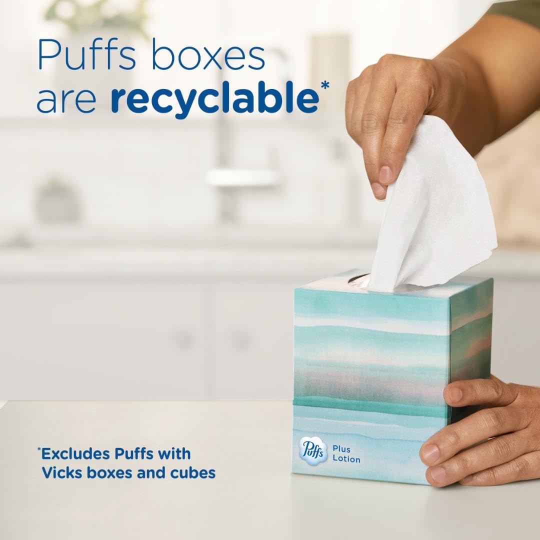 Puffs Plus Lotion Facial Tissues - Ultra Soft & Lotion-Infused - 1 Family Box (124 Tissues) - For Cold, Allergy & Dry Skin Relief - Home, Office & Travel Use