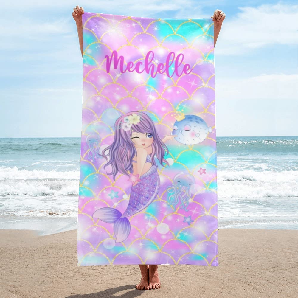 Dr.TOUGH Personalized Kids Beach Towels - Custom Name Mermaid Beach Towel for Girls, Microfiber Quick Dry (Mermaid H) - Perfect for Pool, Beach & Summer Vacations