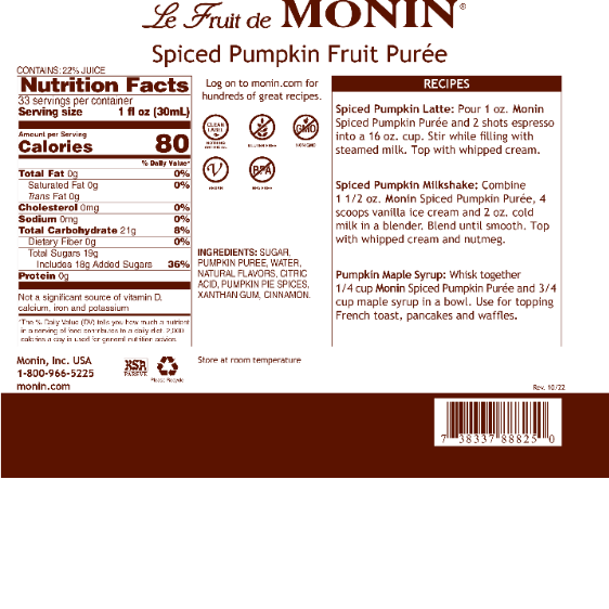 Monin Spiced Pumpkin Puree Syrup - Premium Fall Flavor for Coffee, Cocktails & Baking (1L Bottle) | Perfect for Pumpkin Spice Lattes, Desserts & Seasonal Drinks