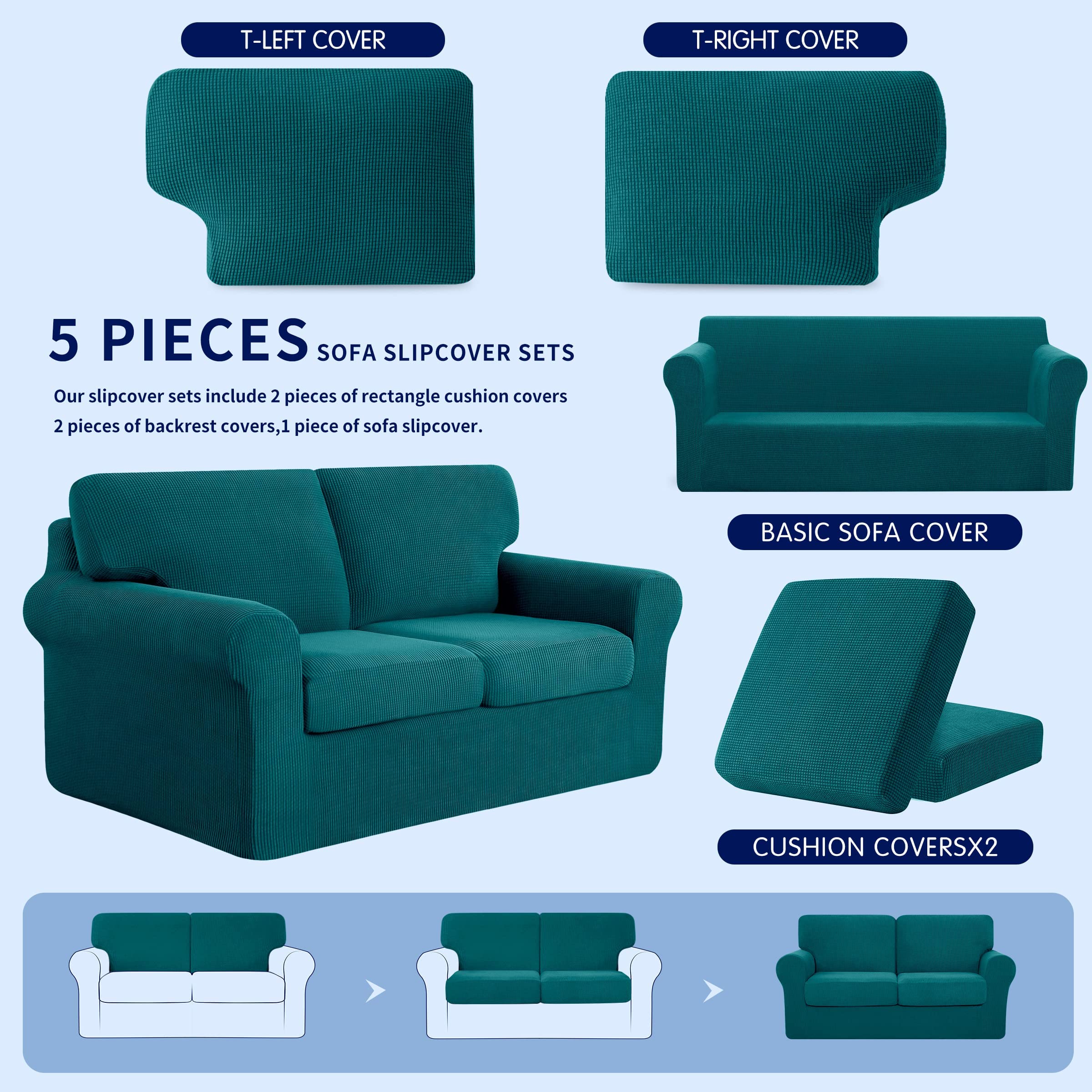 SUBRTEX 5-Piece Loveseat Cover & 7-Piece Sofa Cover Set - Stretchable Couch Slipcovers with Separate Backrest & Cushion Covers - Turquoise Living Room Furniture Protector (Medium & Large Size) - Perfect for Home Decor, Pet Protection & Furniture Refresh