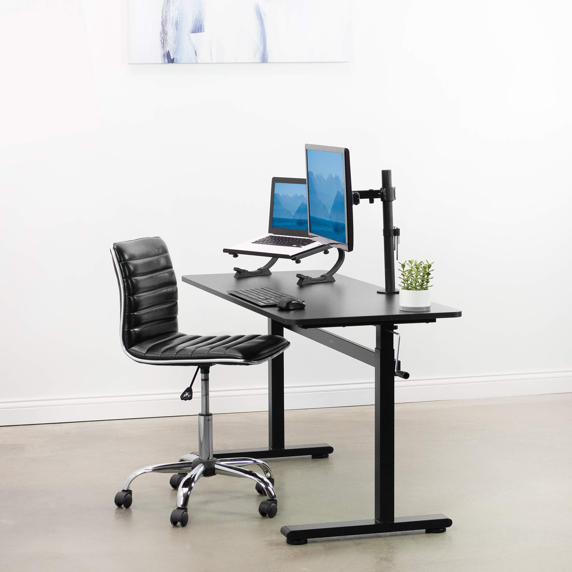 VIVO Height Adjustable 140cm x 61cm Standing Desk | Hand Crank Sit Stand Home Office Workstation with Frame & Table Top | Black | DESK-M55TB | Perfect for Small Spaces & Remote Work