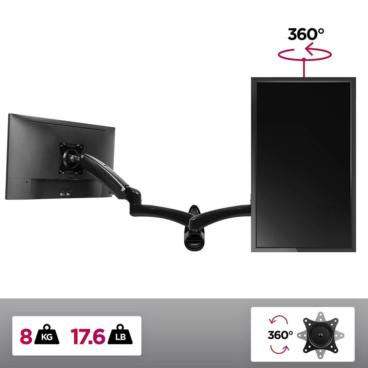 Duronic DM55W1X2 Aluminum Monitor Arm Wall Mount - Adjustable Single PC Screen Bracket for 15