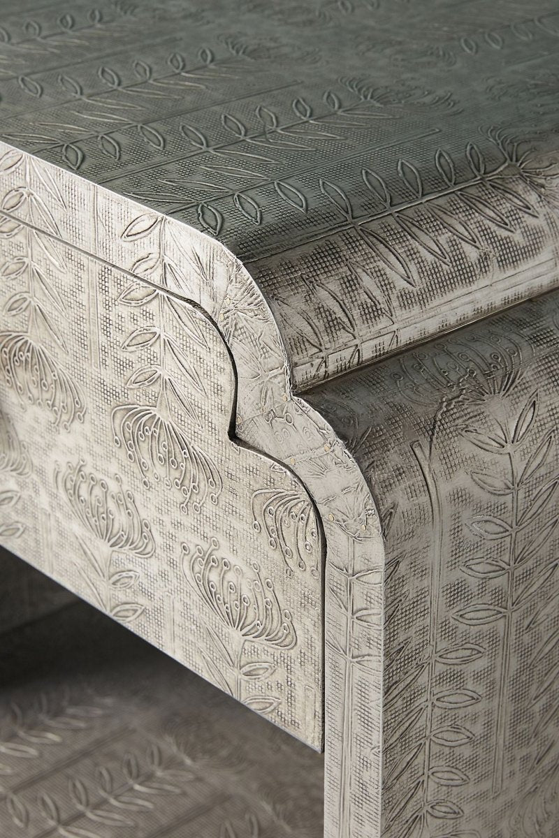 Handmade Silver Metal Bedside Nightstand with Drawer and Shelf - Modern Indian Furniture for Bedroom, Living Room & Office