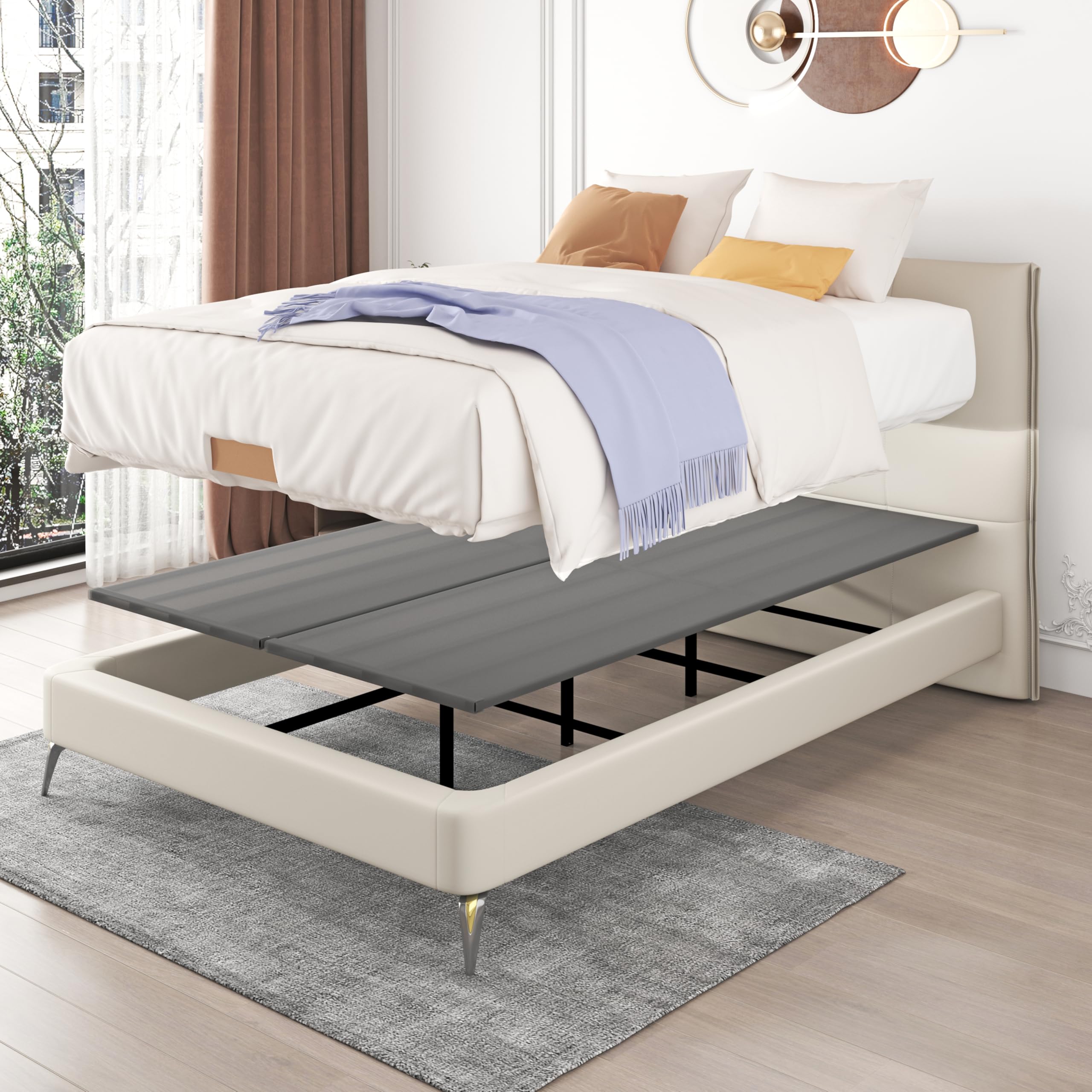 Queen Size Metal Bed Slat with Compact Fabric Cover - Vertical Mattress Support Bunkie Board, Box Spring Replacement (Grey) - Perfect for Bunk Beds, Daybeds & Platform Frames