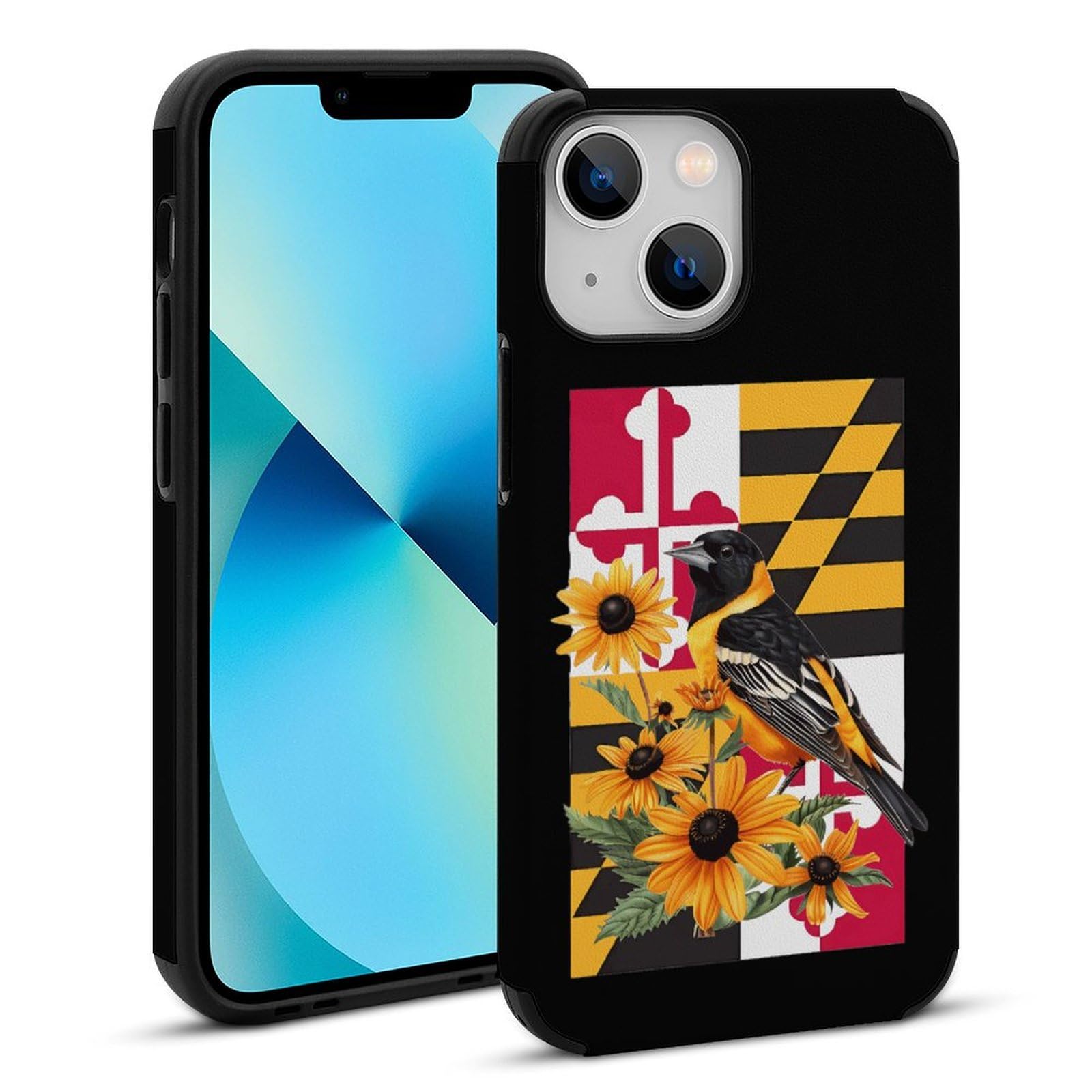 Maryland State Flag iPhone 13 Case - Baltimore Oriole Bird & Black-Eyed Susan Flower Design | Carbon Fiber Shockproof Protective Cover for iPhone 13 Mini/13/13 Pro/13 Pro Max | Perfect for Outdoor Activities & Travel