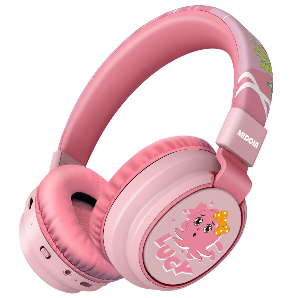 MIDOLA Kids Wireless Bluetooth Headphones with Volume Limit (85dB/110dB) - Foldable Over-Ear Headset with Mic & AUX Cord for Boys & Girls - Safe for School, Tablet, Phone, Travel & Home Use (Cartoon Pink)