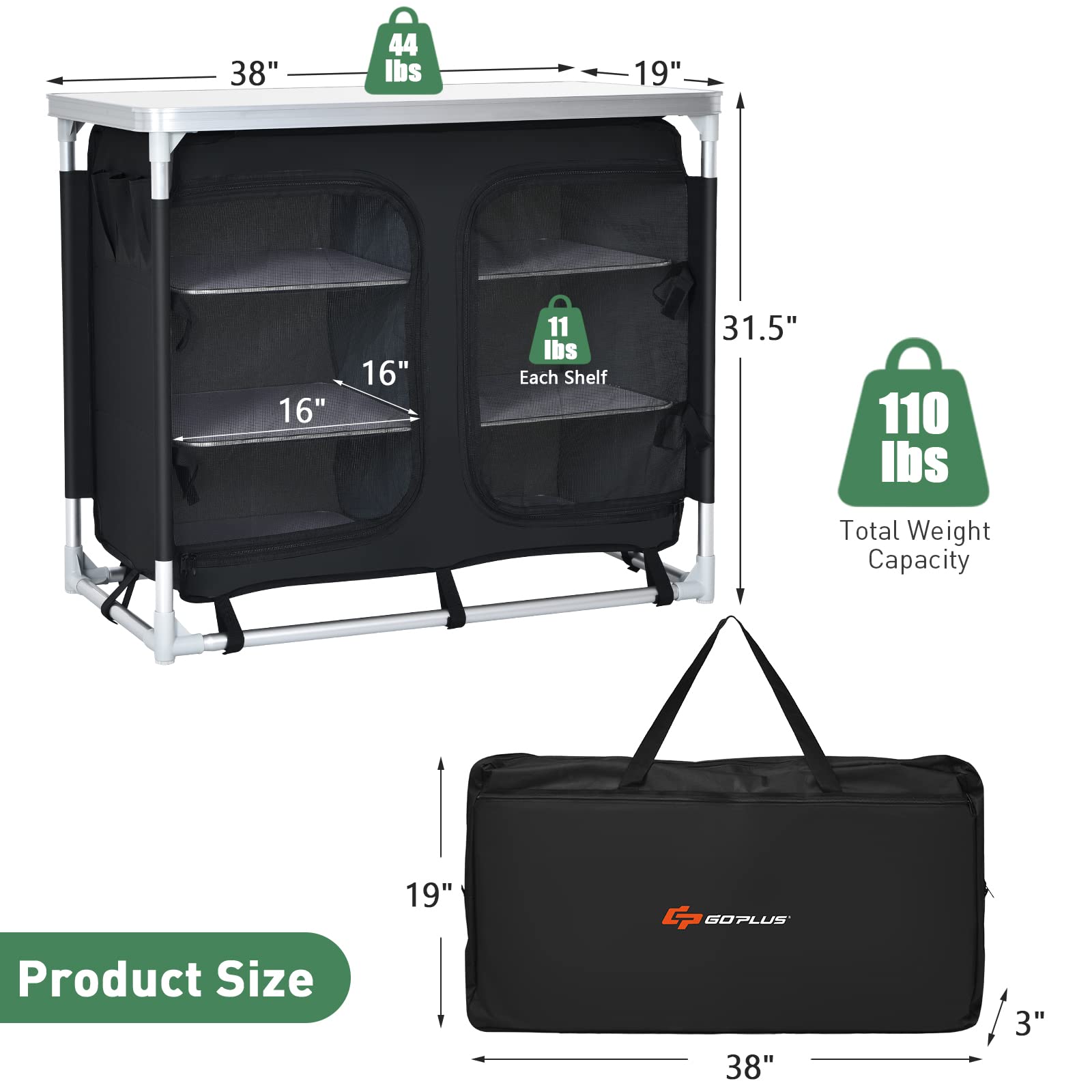 Goplus Aluminum Camping Table with Storage - Portable Lightweight Outdoor Kitchen Cabinet for Picnic, Tailgating, Beach, BBQ, RV - Includes Carrying Bag (Black) | Perfect for Camping Trips, Backyard Parties & Outdoor Adventures