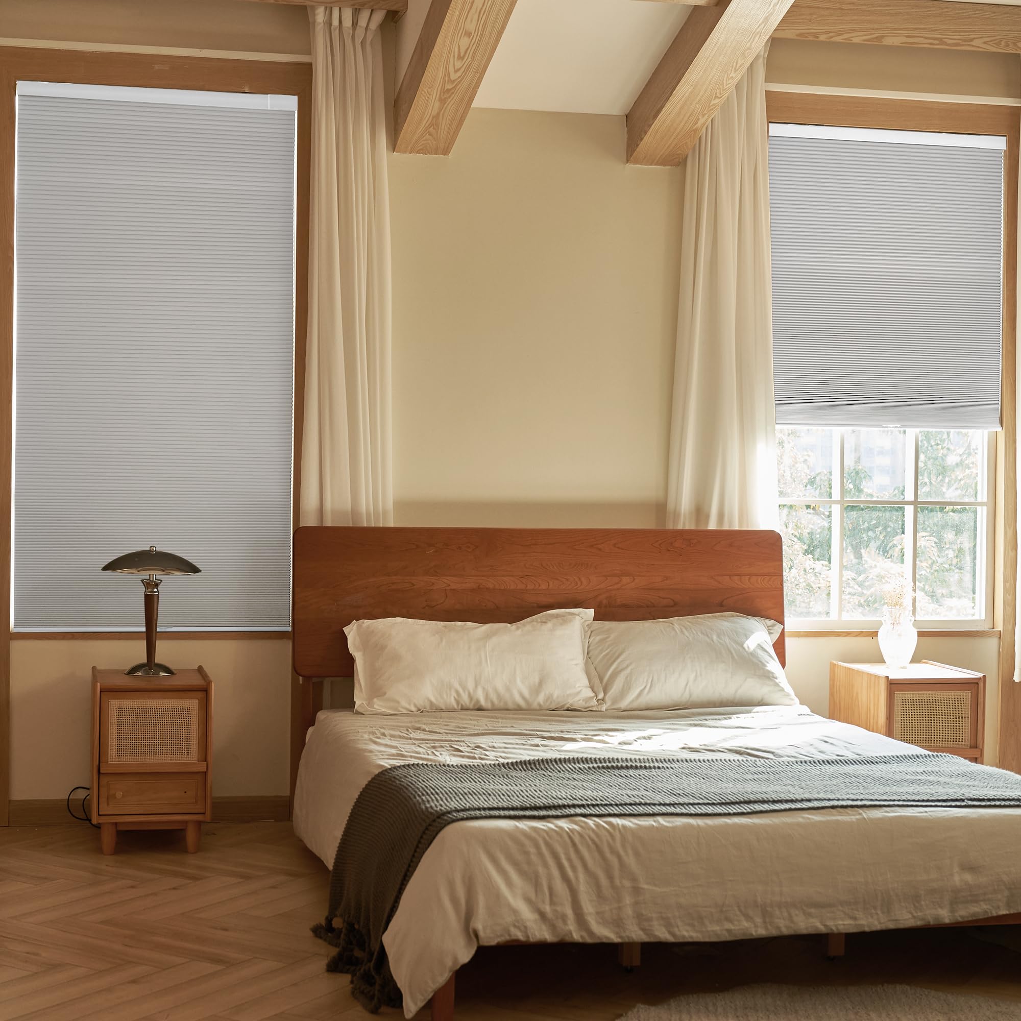 Boolegon No Drill Blackout Cellular Shades - Cordless Honeycomb Blinds for Windows & Doors, Easy Install No Tools or Screws, White, 46.5