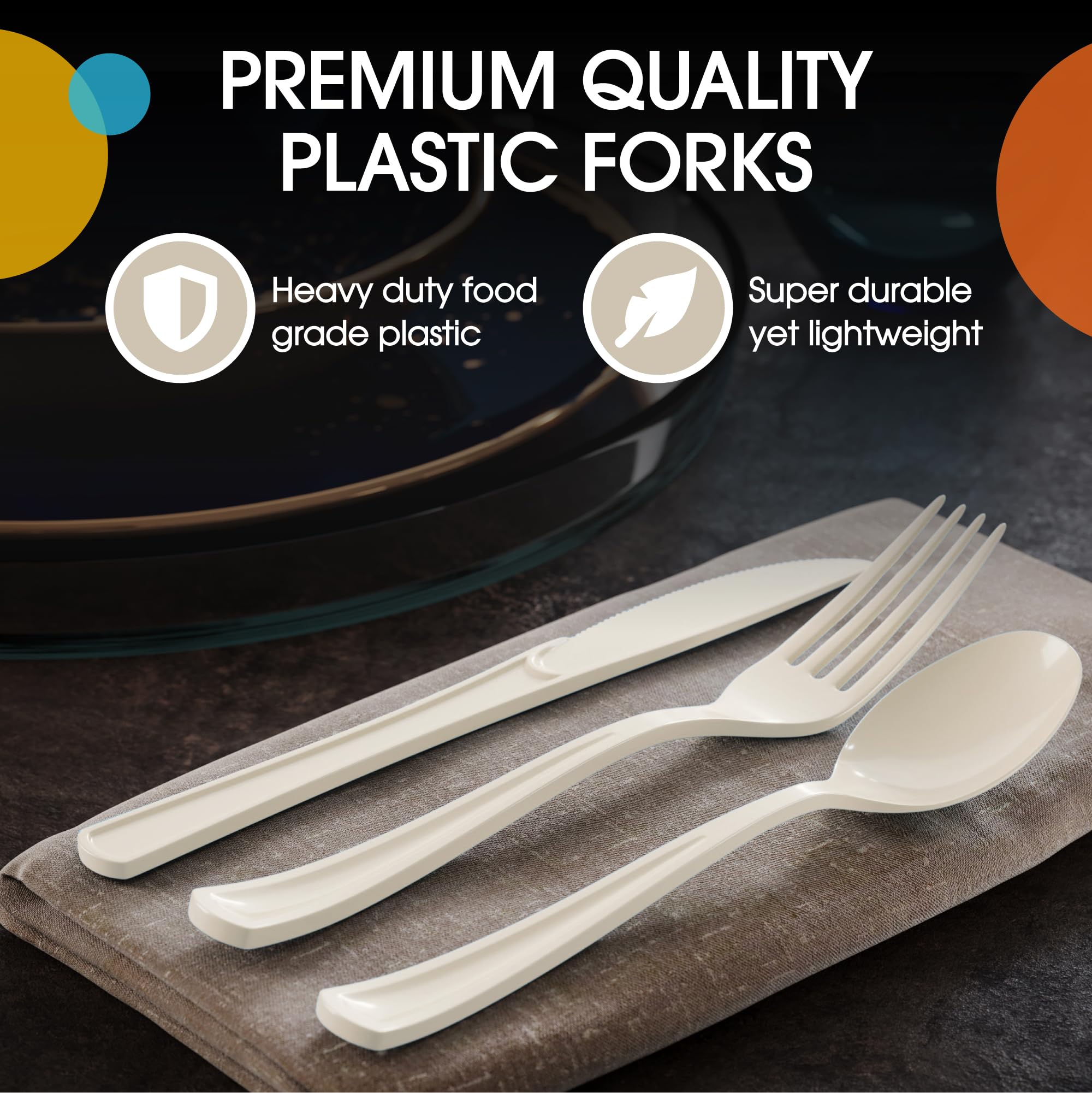 150-Piece Heavy Duty Ivory Plastic Cutlery Set - Disposable Forks, Knives & Spoons (50 Each) - Durable Party Utensils for Picnics, BBQs, Catering & Events