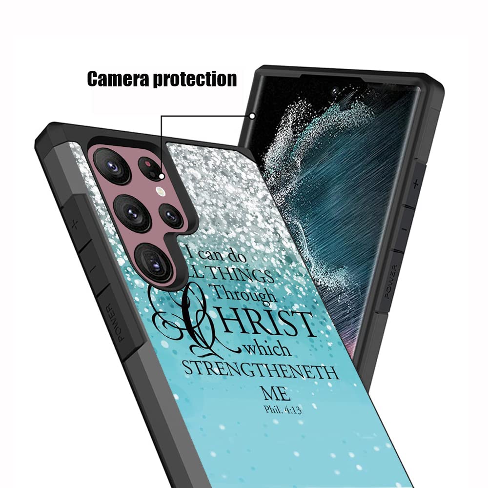 Samsung Galaxy S22 Ultra Case - Hybrid Hard PC & Soft Silicone Dual Layer Shockproof Protective Cover with Bible Verse Phil 4:13 - Perfect for Daily Use, Travel, and Outdoor Activities