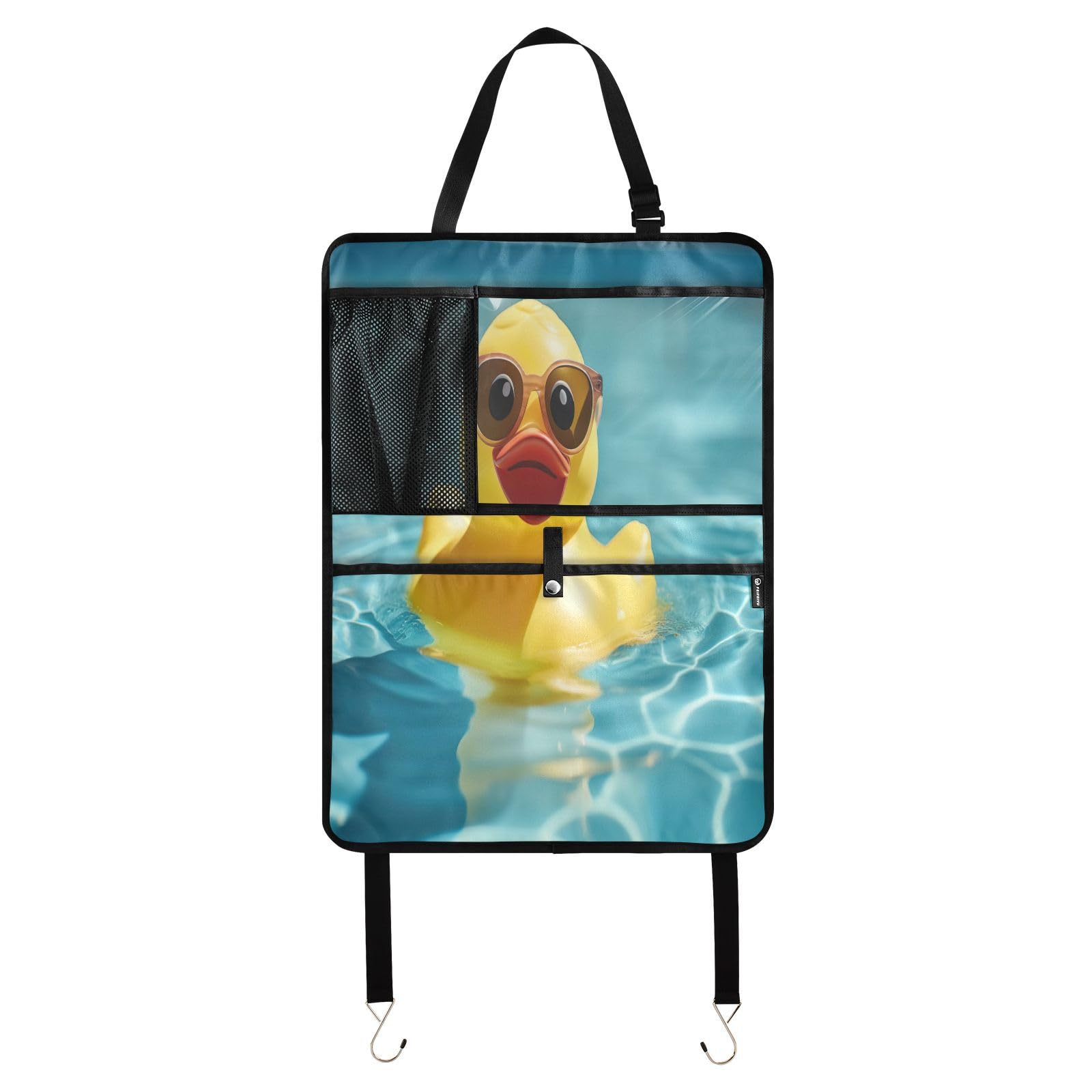 Stylish Rubber Duck with Sunglasses Car Seat Protector - Waterproof Back Seat Organizer with Storage Pockets, Anti-Slip Kick Mats for Kids - Perfect for Family Road Trips & Child Safety