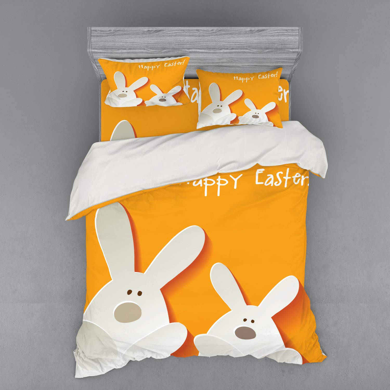 Ambesonne Easter Bunny Duvet Cover Set - 4 Piece Queen Size Bedding with Shams & Fitted Sheet, Abstract Animal Design in Warm Orange Coconut Brown - Perfect for Easter Decor, Spring Bedroom Refresh & Holiday Gift Giving