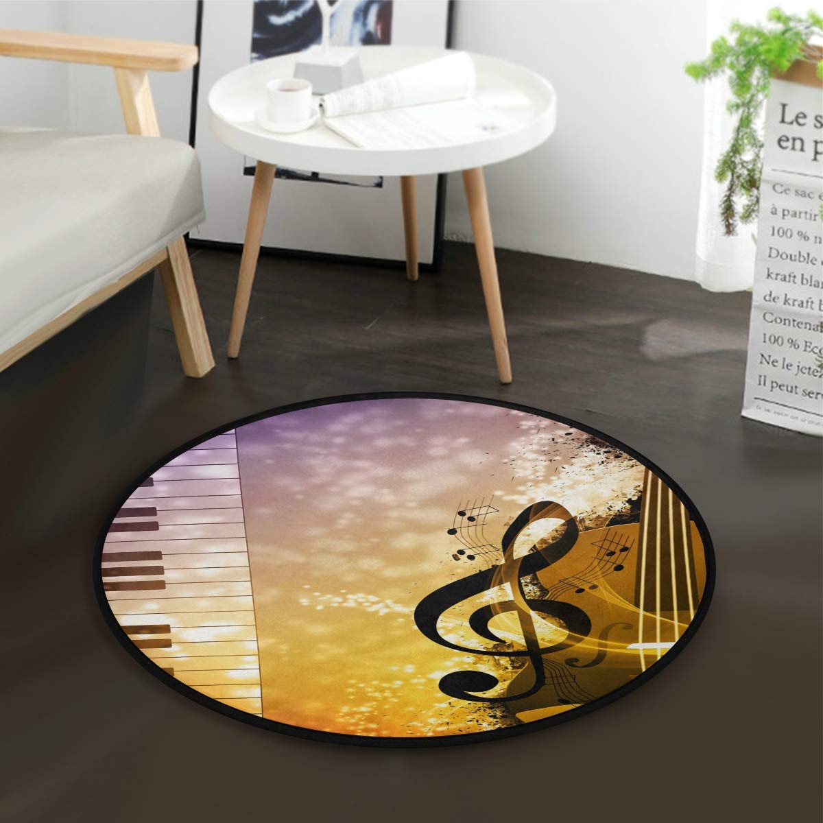 ALAZA Music Notes Piano Guitar Abstract Round Area Rug - 3' Diameter (92 cm) for Living Room, Bedroom, Nursery & Music Studio Decor - Soft Non-Slip Floor Mat for Musicians & Music Lovers
