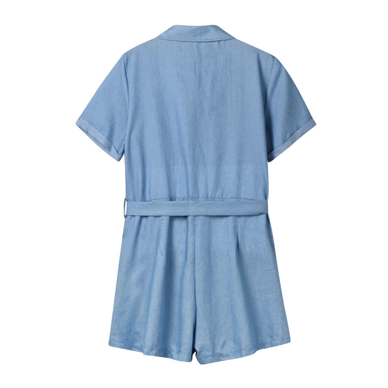 Women's Casual Short-Sleeve Denim Jumpsuit - Loose Fit Lapel Romper with Pockets (Light Blue, Medium) | Perfect for Summer Outings, Beach Vacations & Casual Everyday Wear