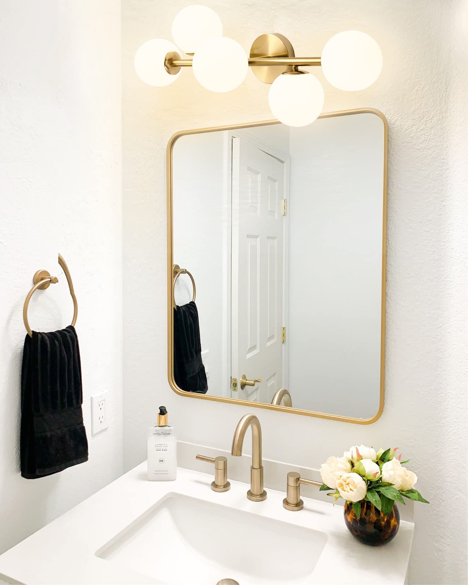 Vintage Brass Bathroom Vanity Lights - 5-Light Mid Century Modern Fixture with Milk Glass Globes, Gold Finish, G9 Base - Perfect for Bathroom, Powder Room & Dressing Area Lighting