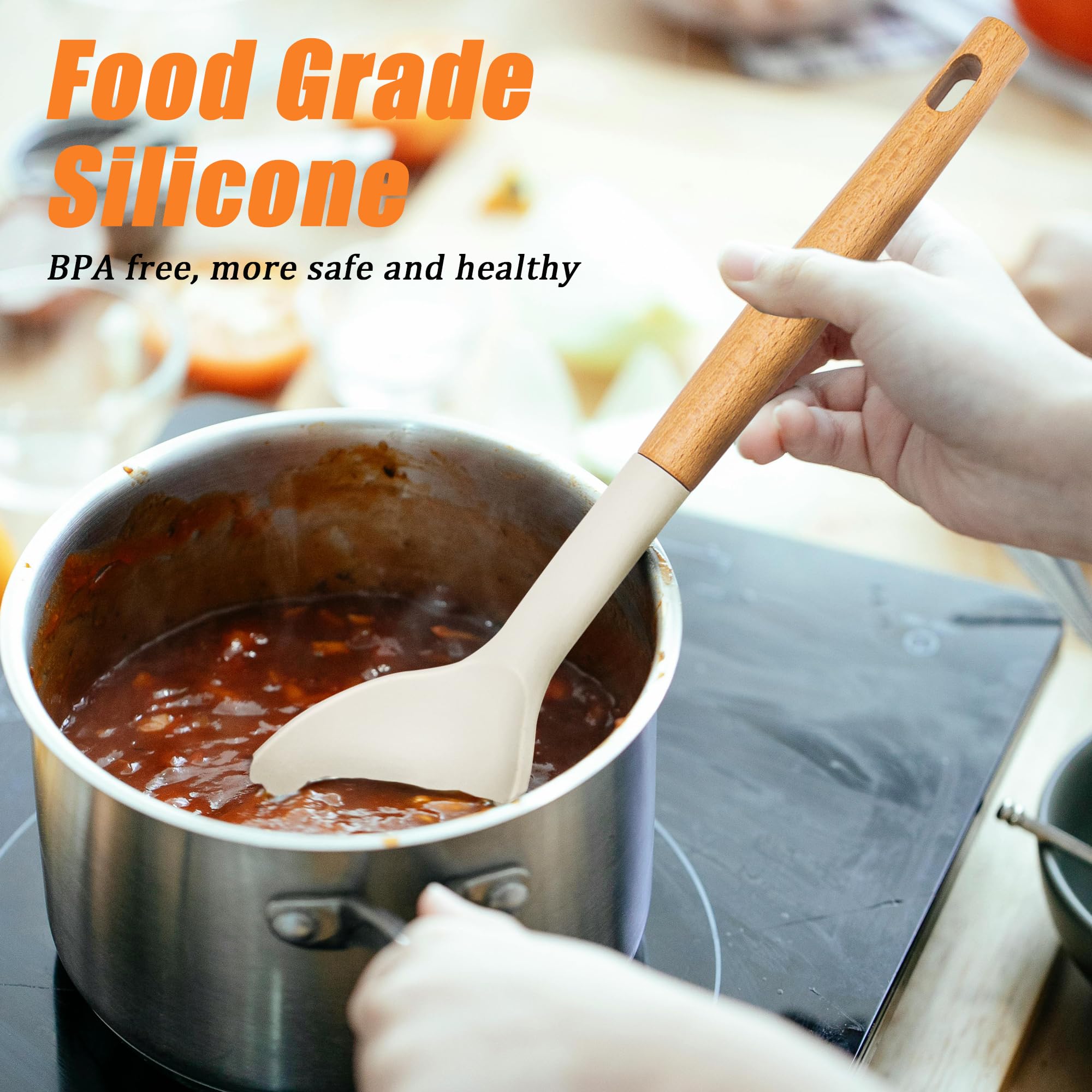 3-Piece Silicone Cooking Spoon Set - Nonstick Large Soup Ladle, Solid Spoon & Pasta Server - Heat Resistant Kitchen Utensils for Serving Spaghetti Sauce, Stirring & Cooking - Perfect for Pasta Dishes, Soups & Everyday Meal Prep (Wooden Light Khaki)