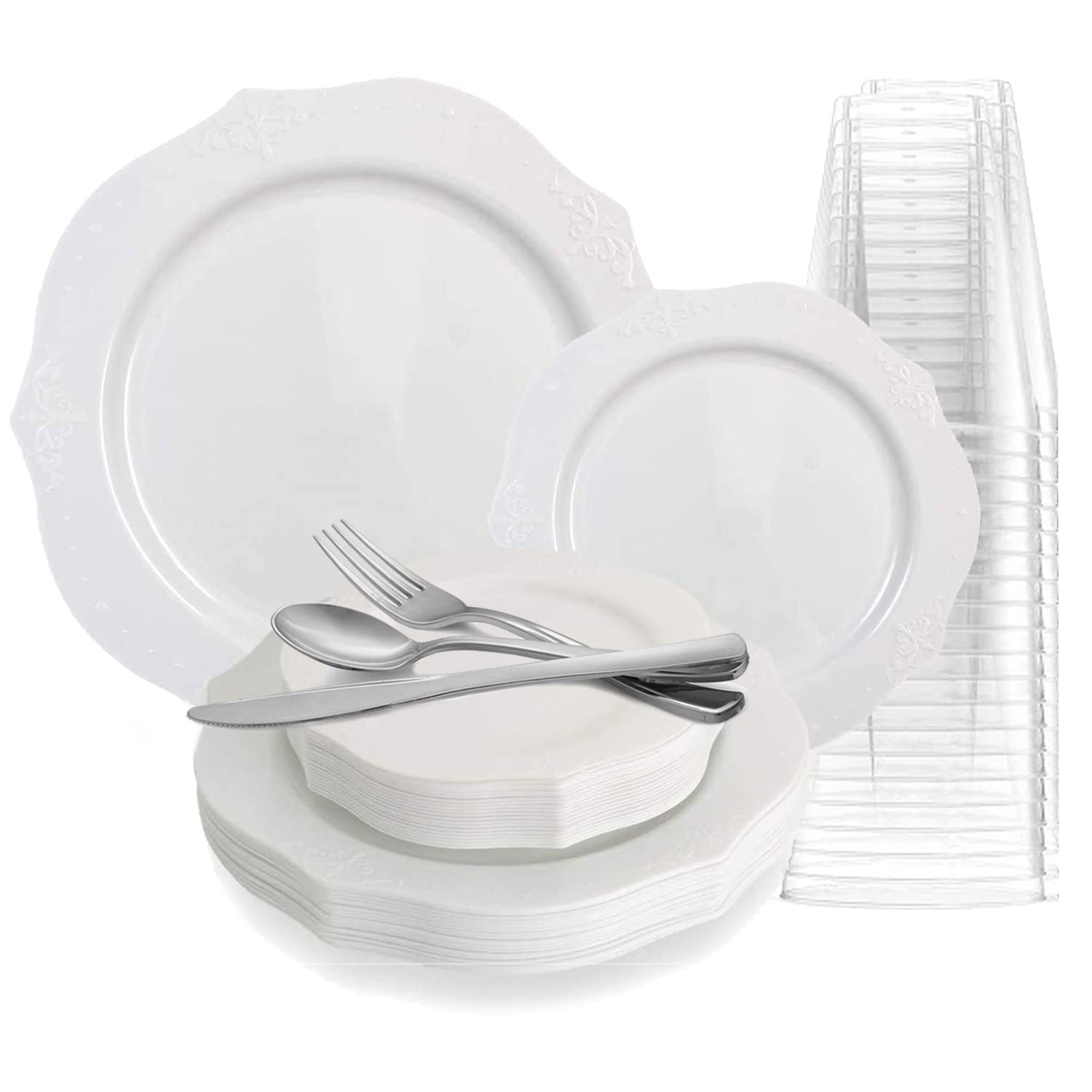 Elegant Disposable Plastic Dinnerware Set - 20-Piece Wedding Party Tableware in Antique White | Perfect for Bridal Showers, Receptions & Formal Events