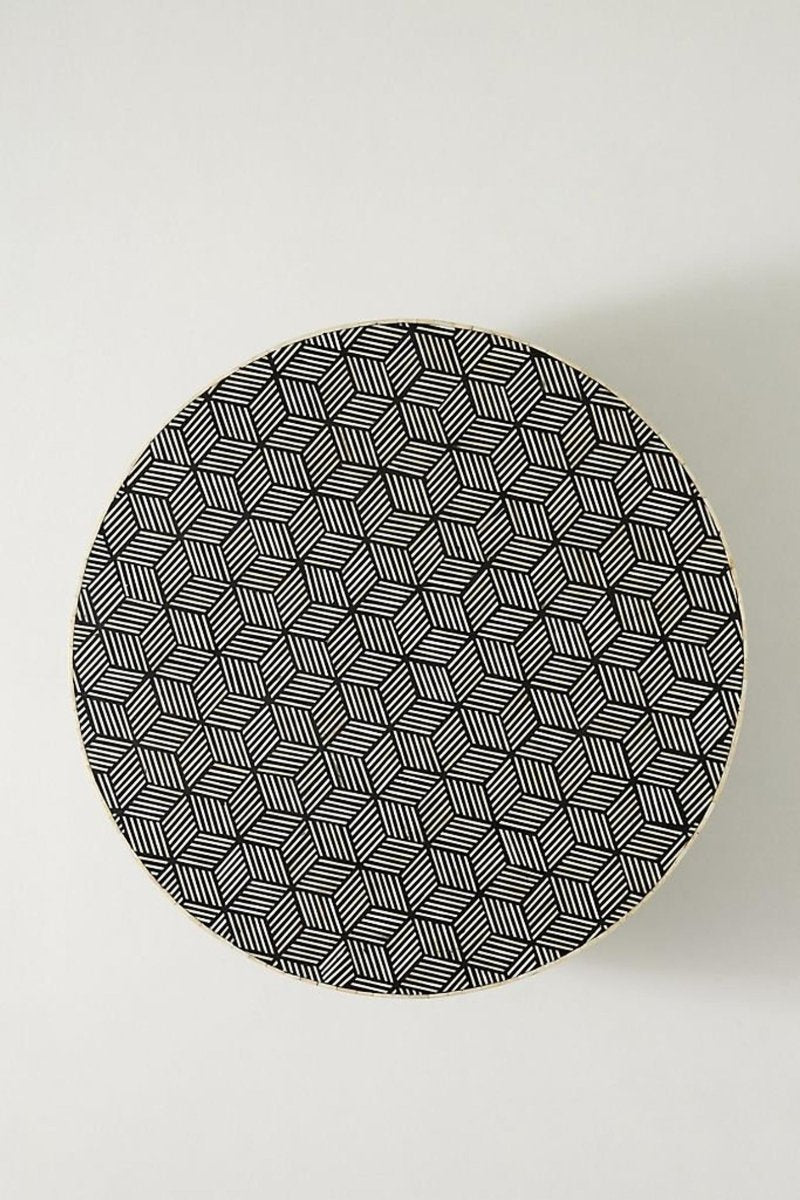 Handmade Black Bone Inlay Round Coffee Table with Brass Base - Boho Chic Living Room Furniture for Modern Home Decor