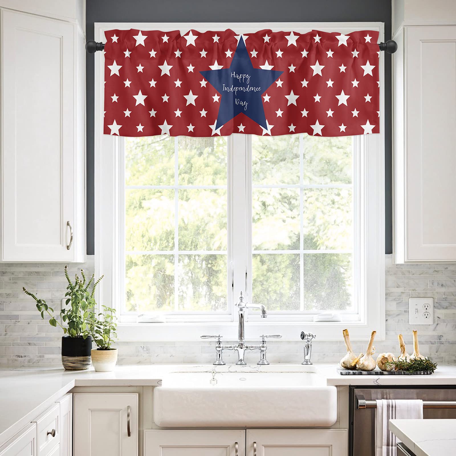 Stars & Stripes Kitchen Valance Curtains - 54 x 18 Inch Farmhouse Window Treatment with Rod Pocket, Patriotic Independence Day Decor for Living Room & Bedroom | Perfect for American Holiday Parties & Rustic Home Decor