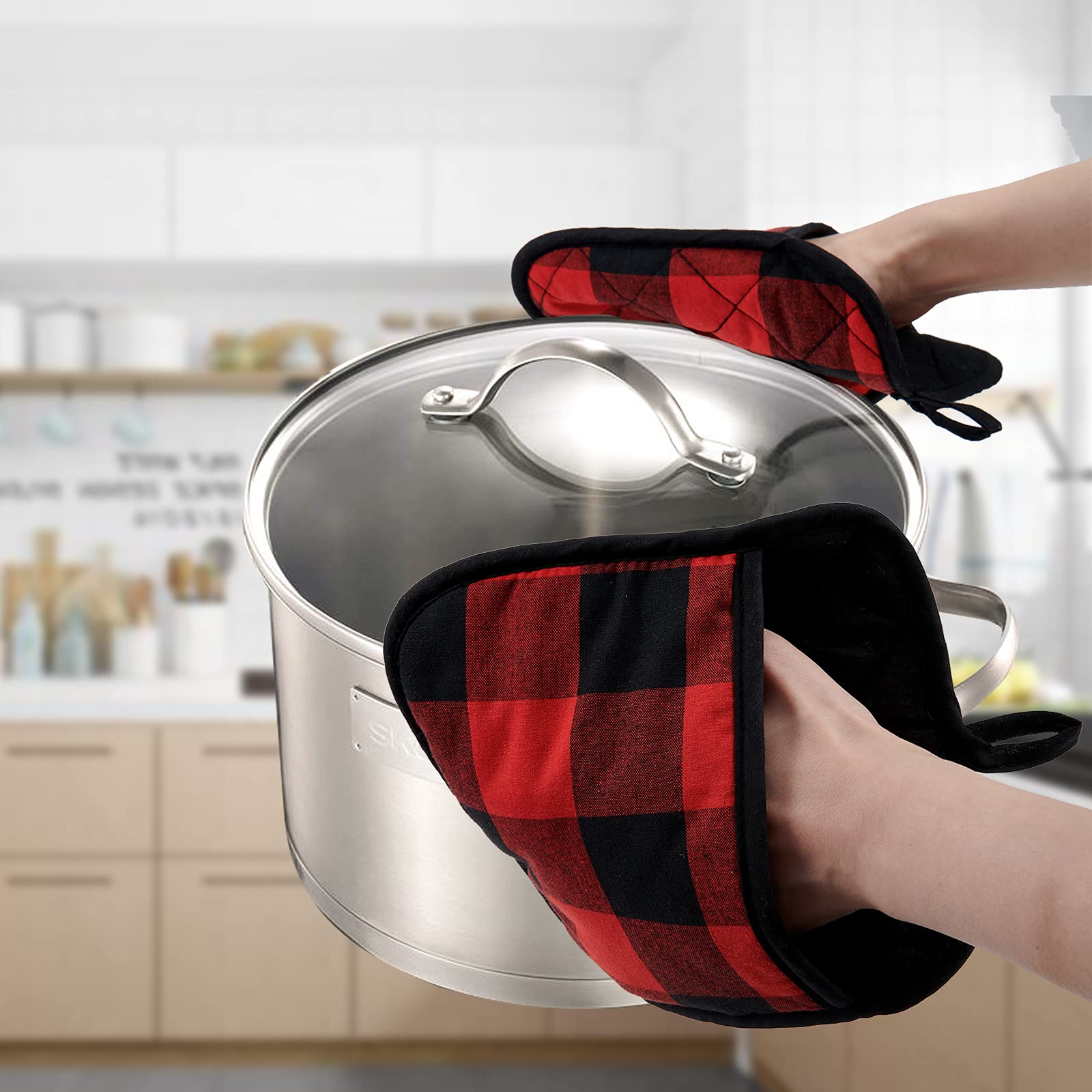 Joyhalo 4 Pack Christmas Buffalo Plaid Pot Holders - Heat Resistant Kitchen Potholders for Cooking, Baking & Holiday Decor - Perfect for Hot Dishes, Oven Mitts & Festive Kitchen Gifts