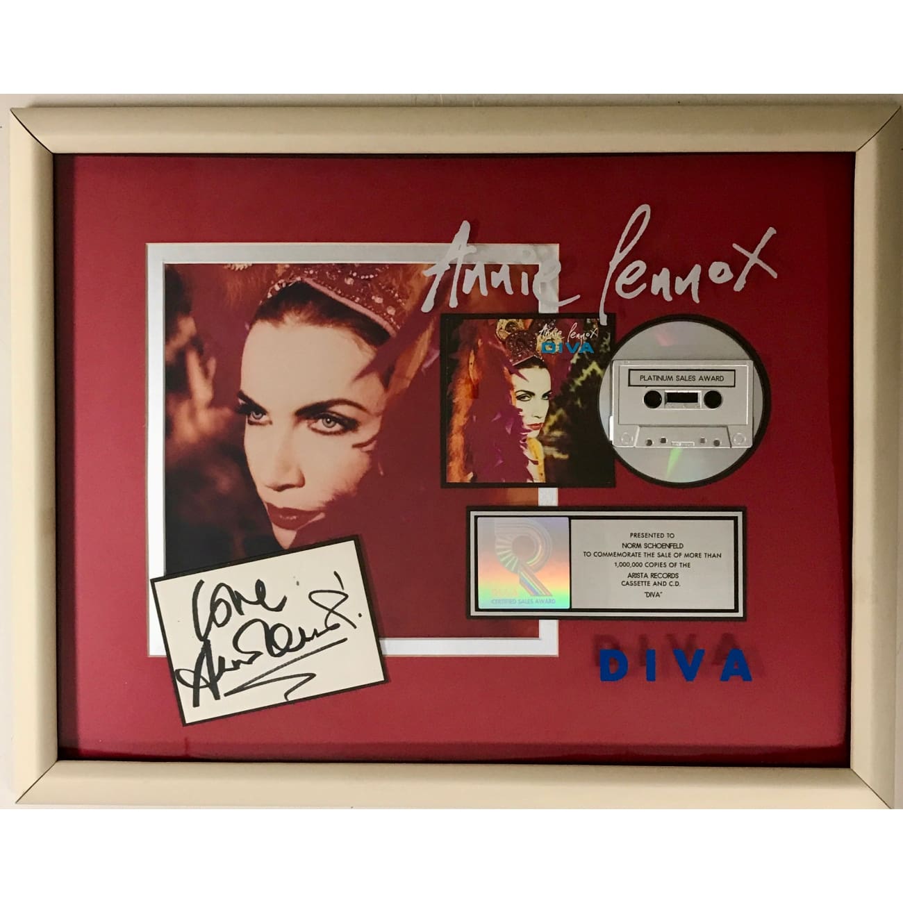 Annie Lennox Diva RIAA Platinum LP Award - Autographed Signed Vinyl Record Collector's Item - Perfect for Music Memorabilia Displays & Eurythmics Fan Collections