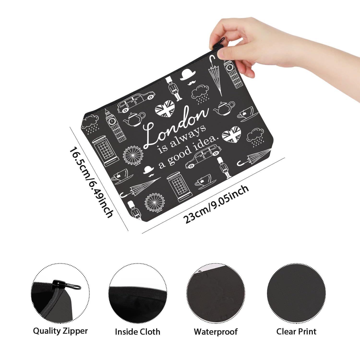 London City Skyline Zipper Pouch Makeup Bag - Travel Cosmetic Organizer for Women, Perfect for Toiletries & Accessories | London Themed Gift Idea (Black)