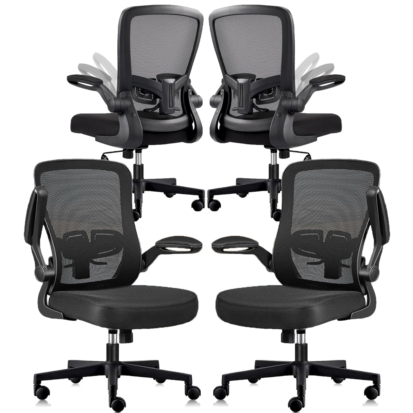 Ergonomic Mesh Office Chair with Wheels - Adjustable Height, Swivel & Lumbar Support - Flip-Up Armrests - Set of 4 - Perfect for Home Office, Gaming & Workspace Comfort