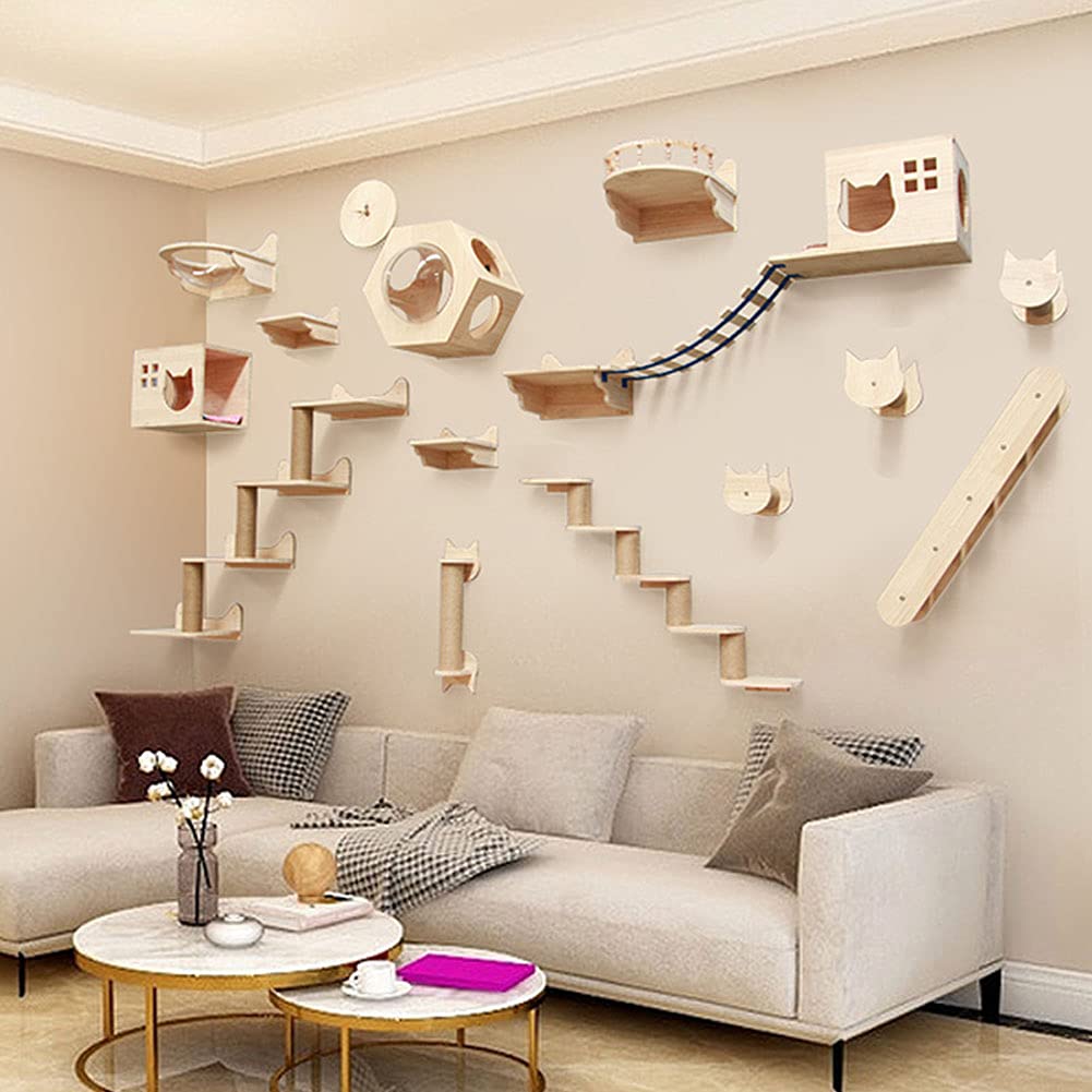 Wall Mounted Cat Bed - Floating Wood Cat Shelves & Hammock - Modern Cat Activity Center, Lounger & Condo - Space Saving Kitty Perch & Climber Tree for Small Apartments - Perfect for Play, Rest & Climbing