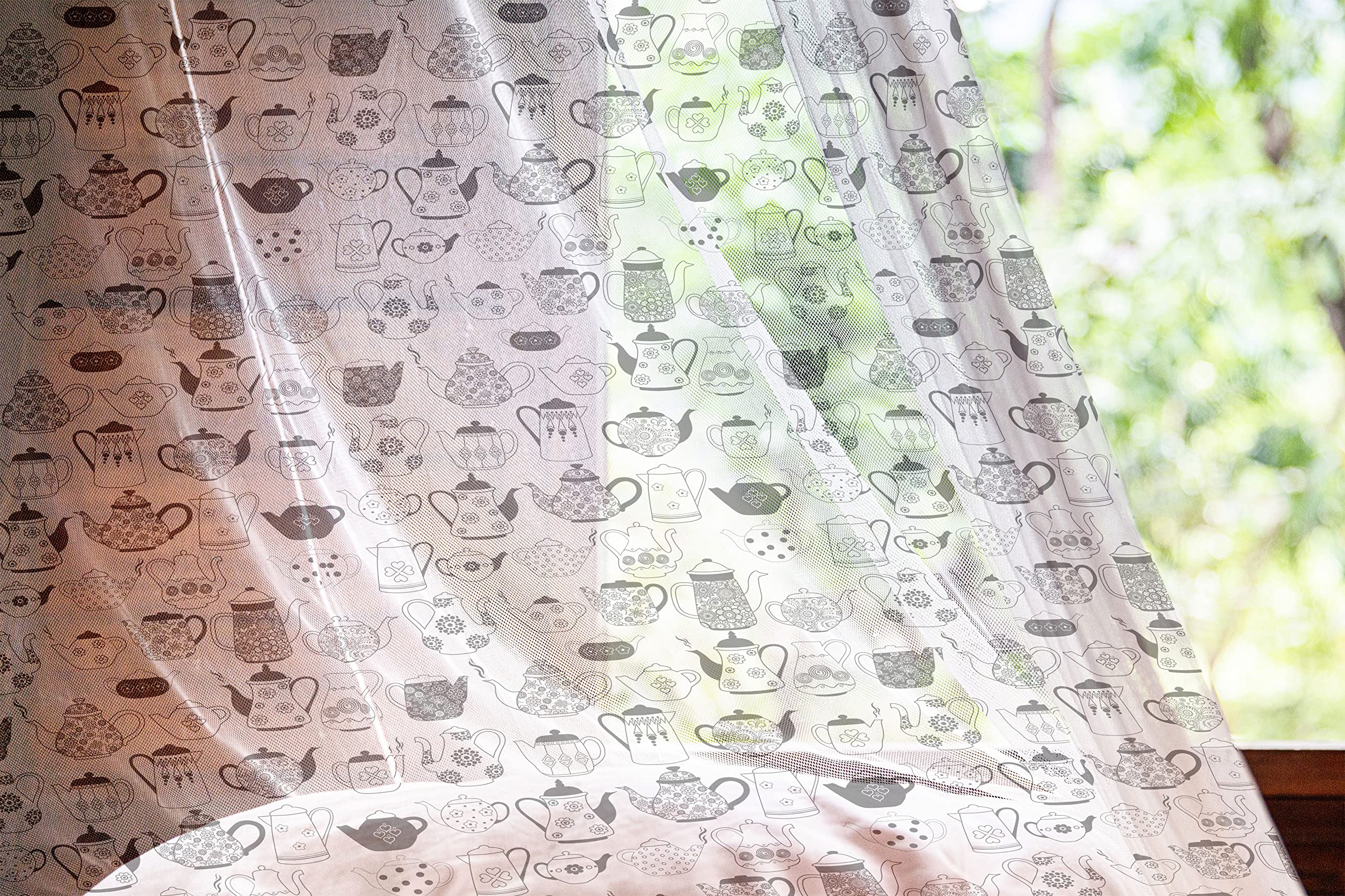 Ambesonne Tea Party Tulle Curtains - Floral Cup Monochrome Design, Black & White Sheer Drapes with Rod Pocket, 108
