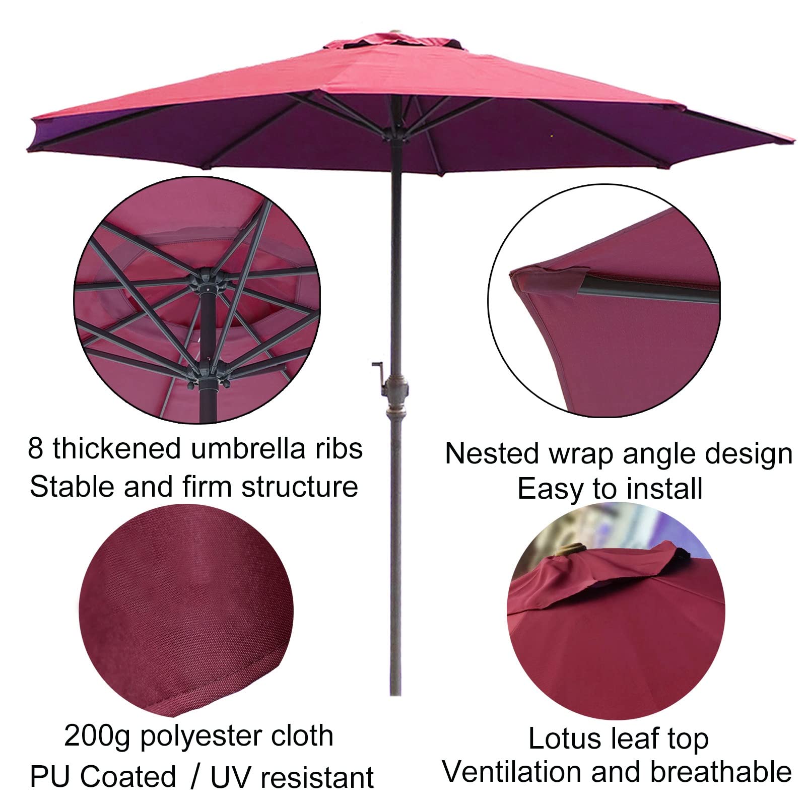 9ft/10ft Outdoor Patio Umbrella with Crank - Sun Protection Garden & Beach Umbrella for Tables & Chairs - Ventilated Design for Poolside, Backyard & Outdoor Dining Areas