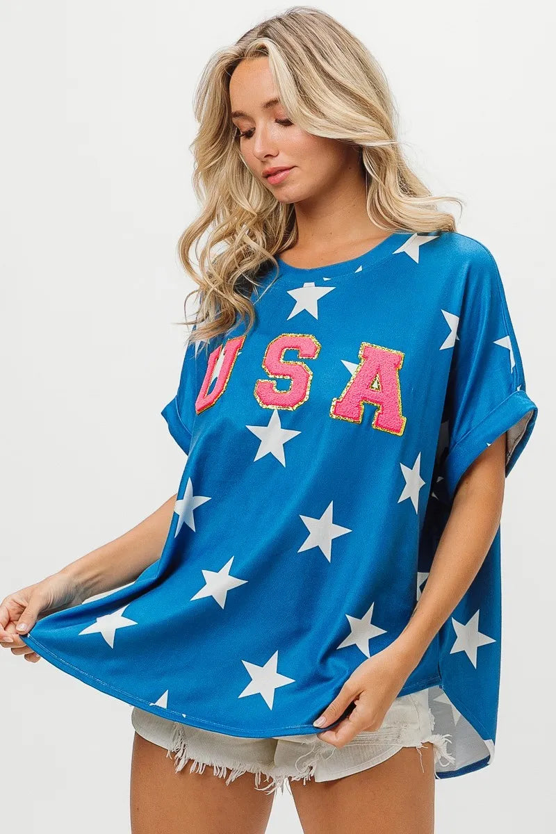 BiBi Fourth Of July Patriotic Star Knit T-Shirt - American Flag Themed Casual Top for Independence Day Celebrations & Summer Outfits