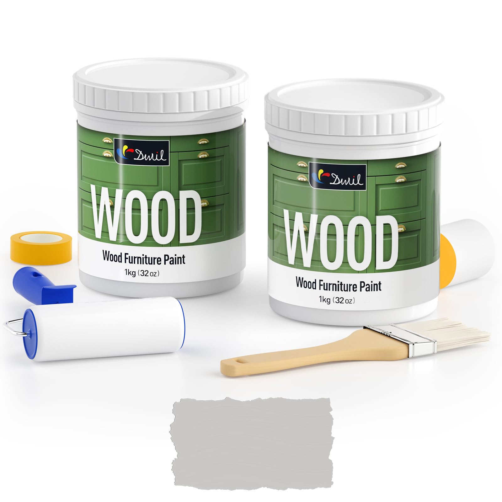 DWIL Matte Finish Furniture Paint - 64 Oz Water-Based Wood Paint for Cabinets, Doors, Tables & Dressers - Non-Toxic, Odorless & Easy to Apply (Light Grey) - Includes Painting Tools - Perfect for DIY Home Renovation & Furniture Refinishing Projects