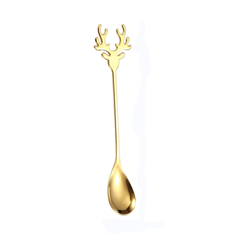 Deer Head Stainless Steel Coffee Spoon - Christmas Elk Sugar Stirring Spoon for Dessert, Kitchen & Tableware Decor - Gold (Perfect for Holiday Parties, Coffee Shops & Home Decor)